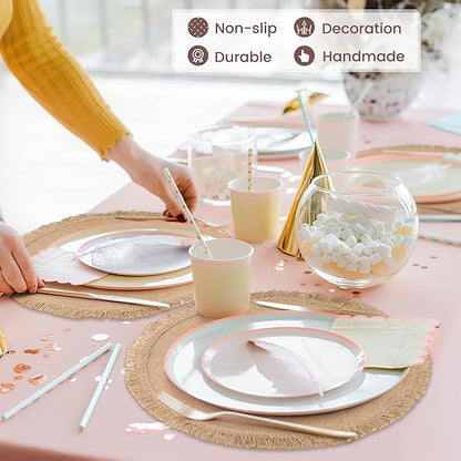 Aneco 24 Pcs Jute Placemats, 15 Inch Round Burlap Placemats, Boho Natural Jute with Fringe Table Mat, Heat Resistant Natural Farmhouse Table Mats for Wedding Birthday Party Dining Tables Decor