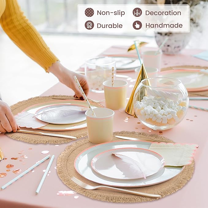 Aneco 12 Pcs Jute Placemats, 15 Inch Round Burlap Placemats, Boho Natural Jute with Fringe Table Mat, Heat Resistant Natural Farmhouse Table Mats for Wedding Birthday Party Dining Tables Decor