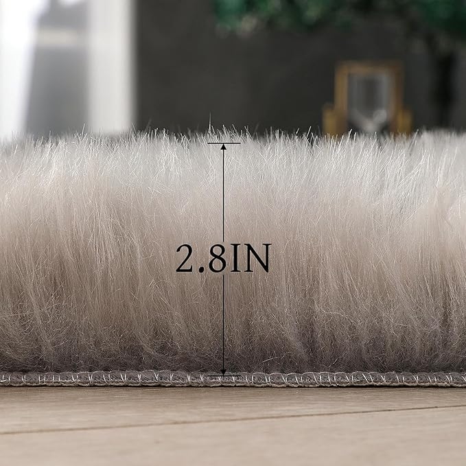 Faux Fur Rug Sheepskin Shag Fluffy Fuzzy Grey 3x3 ft Rugs for Bedroom Bedside Bed Floor Living Room Plush Round High-Density Cushion Carpet Super Sofa Cover
