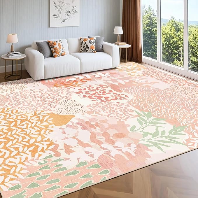 DEXDE 8x10 Area Rug, Soft Washable Abstract Area Rugs Non-Slip Vintage Boho Rug Leaves Floral Print Carpet for Living Room Bedroom Office Dining Room Playroom, Pink