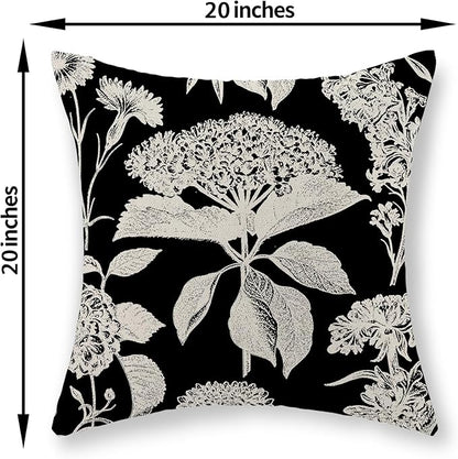 Black Pillow Covers 20x20 Inch Set of 2 Vintage Boho Floral Hydrangea Herbs Botanical Throw Pillows Outdoor Flower Decoration Pillowcase Linen Farmhouse Cushion Case Decorative for Couch Sofa