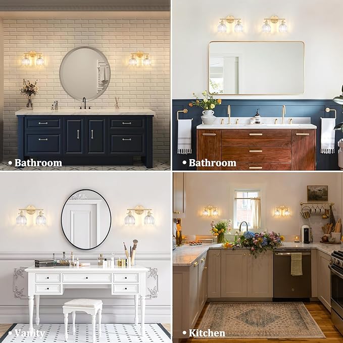 Bathroom Light Fixtures, 2-Light Brass Vanity Wall Light Over Mirror with Clear Tulip Glass Shade for Bedroom Living Room (Bulb Not Included)