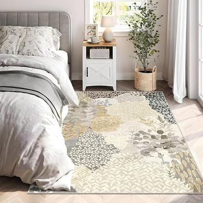 DEXDE Washable Area Rug 3x5 for Living Room, Abstract Small Boho Rugs Non Slip Soft Kids Room,Vintage Leaves Floral Carpet for Bedroom Entryway Kitchen Office Dining Room, Gray