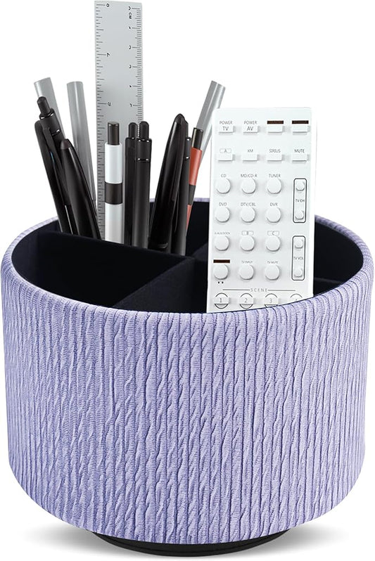Round Leather Art Supply Organizer,Remote Control Holder,360 Degree Spinning,Multi-Functional Pencil Holder,4 Compartments Desktop Stationary Organizer(1-Wood Blue Purple)