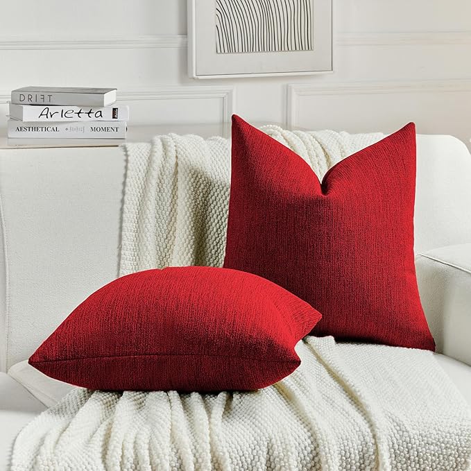 FUTEI Christmas Red Chenille Decorative Throw Pillow Covers 22x22 Inch Set of 2,Soft Cozy Faux Linen Textured Cushion Case,Farmhouse Home Decor for Couch Living Room