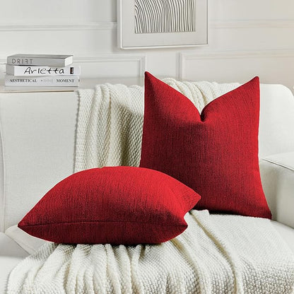FUTEI Christmas Red Chenille Decorative Throw Pillow Covers 22x22 Inch Set of 2,Soft Cozy Faux Linen Textured Cushion Case,Farmhouse Home Decor for Couch Living Room