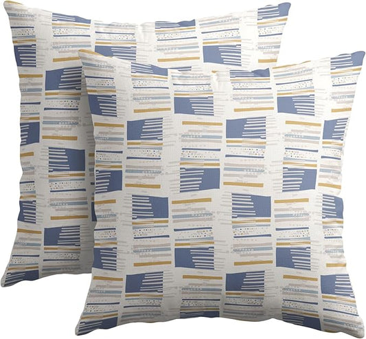 Blue Yellow Striped Pillow Covers 16x16 Set of 2 Beige Print Pattern Neutral Decorative Outdoor Boho Pillowcases with Zipper Rustic Farmhouse Decorations Throw Cushion Cover Decor for Couch Sofa Bed