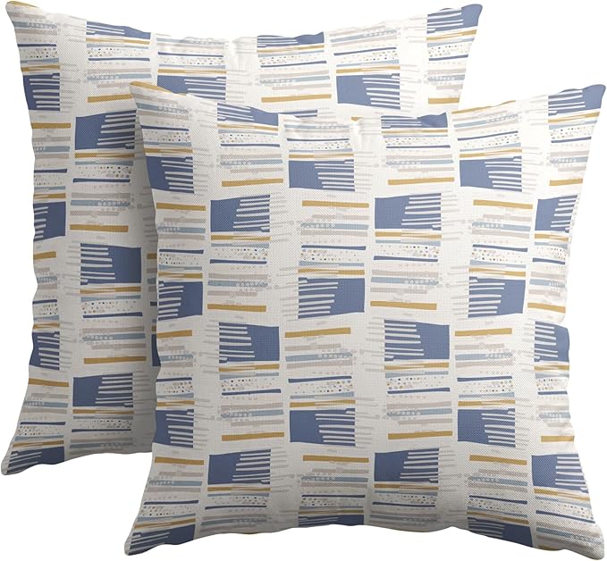 Blue Yellow Striped Pillow Covers 22x22 Set of 2 Beige Print Pattern Neutral Decorative Outdoor Boho Pillowcases with Zipper Rustic Farmhouse Decorations Throw Cushion Cover Decor for Couch Sofa Bed