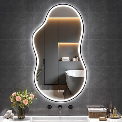 Hasipu Irregular Bathroom Mirror with Lights - 25"x45" LED Asymmetrical Wall Mirror, Abstract Modern Lighted Vanity Mirror for Wall, Anit-Fog, Dimmable, Memory, Vertical/Horizontal (Black