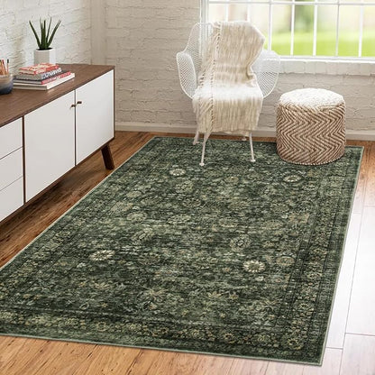 Morebes Washable Green Area Rugs 4x6, Vintage Boho Rugs for Bedroom, Soft Distressed Indoor Floor Non-Slip Non-Shedding Living Room Throw Carpet for Kitchen Dining Playroom Entryway Christmas Decor