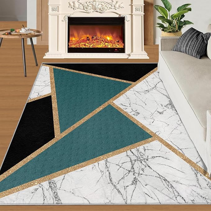 Geometric Marble Rugs for Living Room Abstract Marble Area Rug Light Luxury Geometric Patchwork Carpet Mid-Century Simple Rug for Hardwood Floors Office 4x5ft
