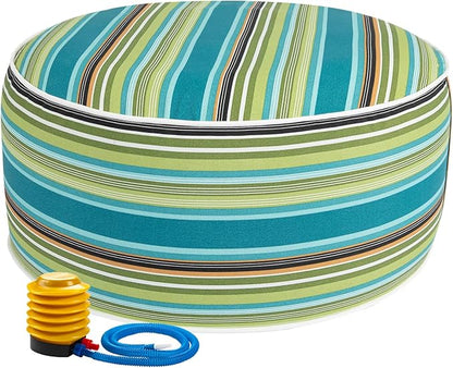 Inflatable Outdoor Ottoman with Air Pump,20"x9" Portable Patio Pouf,Water Resistant,Fade-Resistant,Round Blow Up Footrest Stools for Home Garden Camping Travel(Green Stripe)