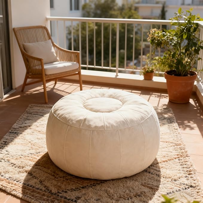 Thgonwid Unstuffed Moroccan Ottoman Pouf Cover, Ottoman Footstool Storage Solution, Bean Bag Chair, Foot Rest, Ivory White