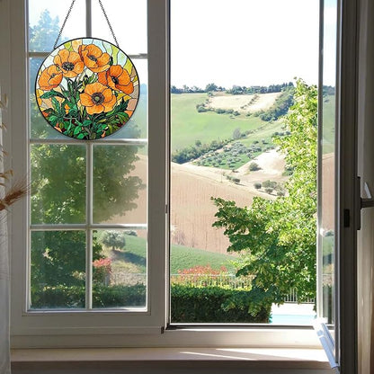 California Poppy Forest Sun Catcher Stained Glass Window Hanging Flower Lover Gifts for Women Poppy Wall Decor Handmade Sun Catcher Decoration for Home Garden Housewarming Gifts