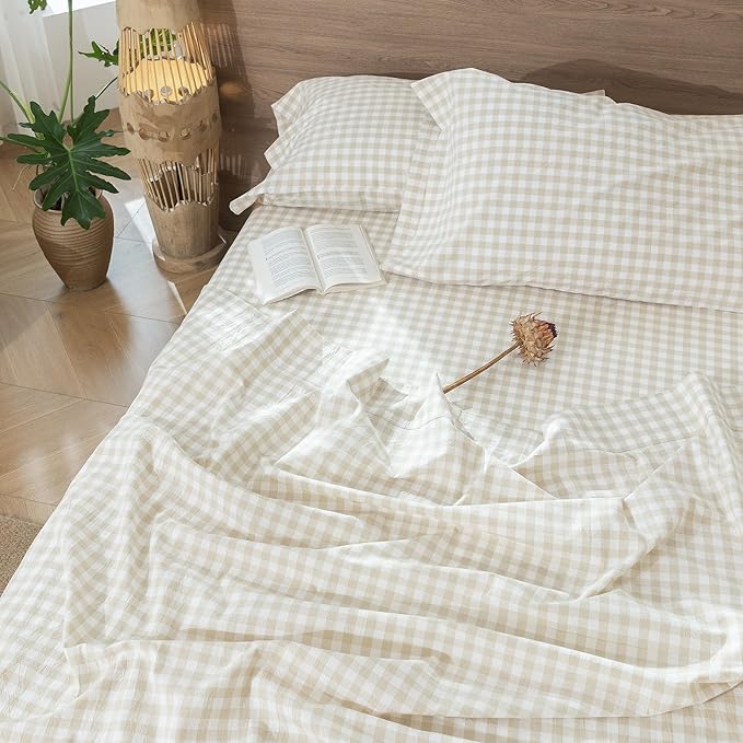 MooMee Gingham Sheet Set 100% Washed Cotton Linen Like Textured Breathable Soft w/ Fully Elasticized 16-19" Deep Pocket (Classic Gingham Almond Milk Grey, Queen)