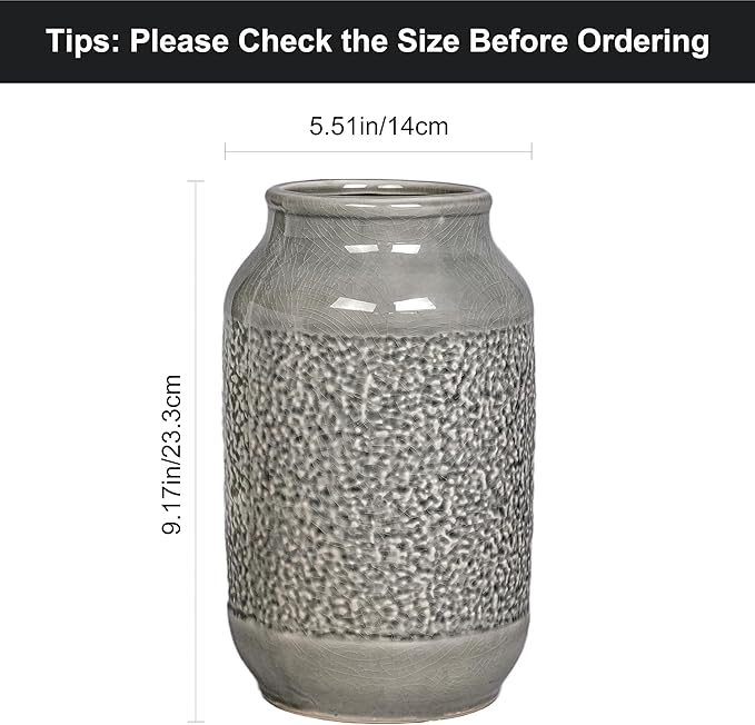Ceramic Vase for Home Decor, 9 Inch Minimalist Decorative Vases for Flower, Centerpieces, Bookshelf, Tabletop, Living Room, Bathroom, Entryway, Coffee Table Decor, Grey