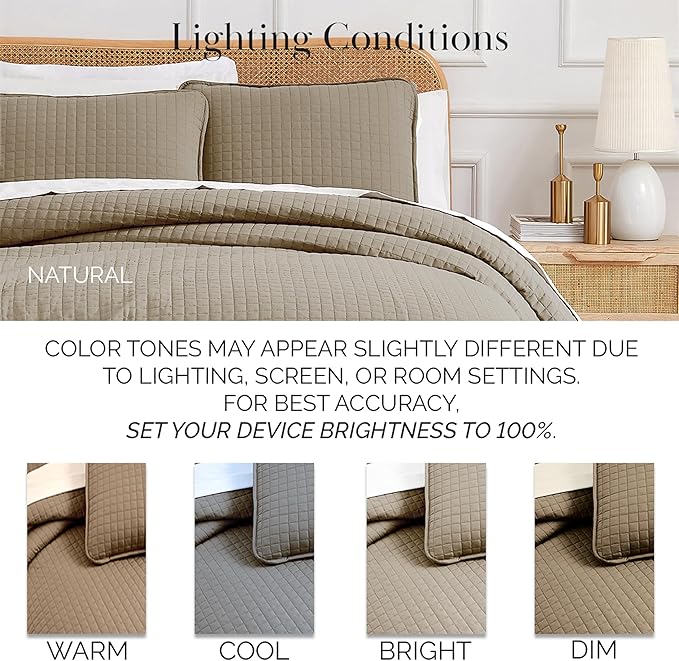 Southshore Fine Living, Inc. Full/Queen Quilt Set with 2 Matching Pillow Shams, Lightweight Full Size Quilt Coverlet, Easy Care, Machine Washable Queen Size Bedspread, Taupe