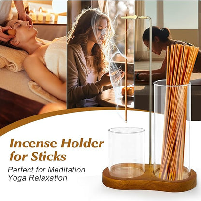 2 in 1 Incense Holder for Sticks, Hang Upside Dowd Incense Burner with Glass Ash Catcher, Anti-Ash Flying and Incense Sticks Storage, for Meditation Yoga Spa Home Decor Office (Wood, Dark Brown)