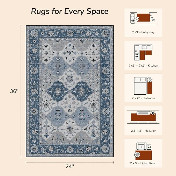 Lessymo Moroccan Washable Rugs for Entryway, Faux Wool 2x3 Small Area Rug for Kitchen Bathroom Corridor - Non-Slip Indoor Door Mat Low Plie Stain Resistant Boho Runner Rug, Muted Blue and Gray