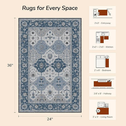 Lessymo Moroccan Washable Rugs for Entryway, Faux Wool 2x3 Small Area Rug for Kitchen Bathroom Corridor - Non-Slip Indoor Door Mat Low Plie Stain Resistant Boho Runner Rug, Muted Blue and Gray