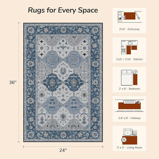 Lessymo Moroccan Washable Rugs for Entryway, Faux Wool 2x3 Small Area Rug for Kitchen Bathroom Corridor - Non-Slip Indoor Door Mat Low Plie Stain Resistant Boho Runner Rug, Muted Blue and Gray