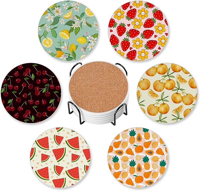 Summer Fruits Set of 6 Coasters for Drinks Absorbing Round Ceramic Stone Coaster with Cork Base,Tabletop Protection Mat for Mugs and Cups,Office,Kitchen