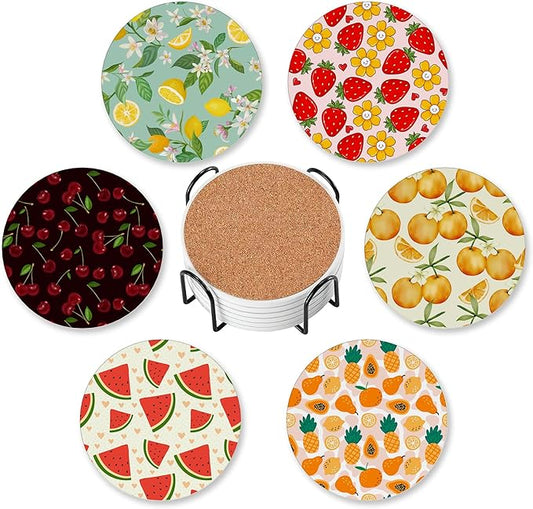Summer Fruits Set of 6 Coasters for Drinks Absorbing Round Ceramic Stone Coaster with Cork Base,Tabletop Protection Mat for Mugs and Cups,Office,Kitchen