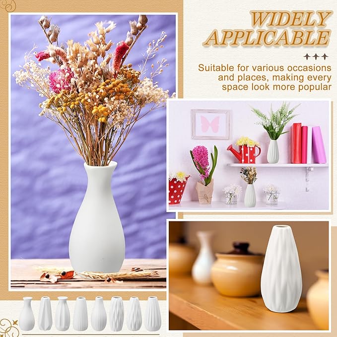 Yaomiao 16 Set White Ceramic Bud Vase Bulk 5 Inch Boho Small Pampas Grass Flower Vase for Wedding Table Centerpieces Decoration Boho Home Decor DIY Gift, 8 Styles (Classic)
