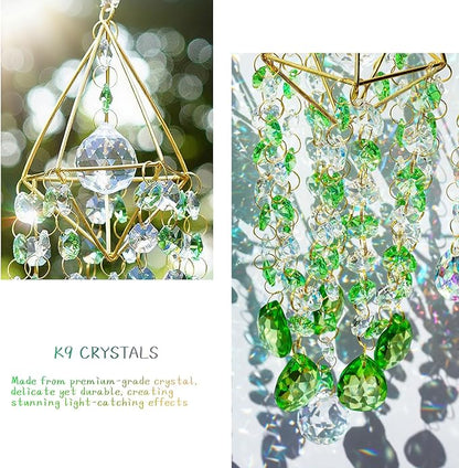 HDCRYSTALGIFTS Crystal Suncatcher Glass Wind Chimes Style Sun Catchers Indoor Window Rainbow Prisms Suncatcher for Window Hanging Home Garden Decor (21.5inch,Green)