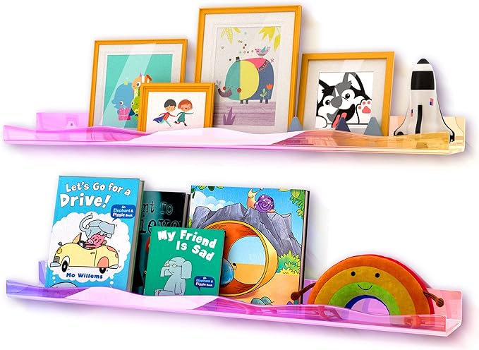 YMVV 35.4 Inches Iridescent Clear Acrylic Books Shelves for Kids Rooms, Floating Shelf Wall Display Bookshelf, Modern Thickened Storage Ledge Shelves Toy Display Organizer Decor 2 Pack