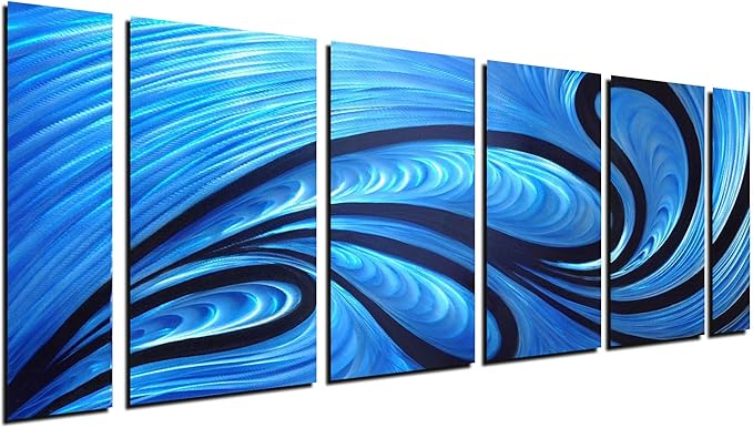 Unique Metal Wall Sculpture, Metal Wall Art with proud as a peacock design, Abstract Blue and Black Modern and Contemporary Décor, Aluminum Artwork, Indoor and Outdoor decoration, 6 panels 64"Wx24"H