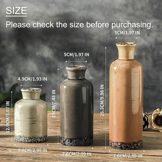 Ceramic Vase Set of 3, Neutral Flower Vases Home Decor, Pottery Rustic Farmhouse Decorative Vases Modern Decor for Table Mantel Entryway Bookshelf Living Room Kitchen Bedroom - Brown