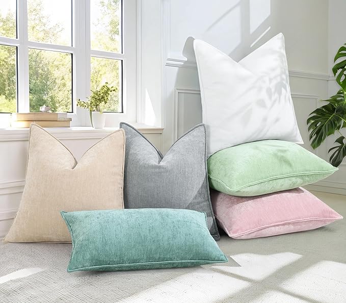 decorUhome Spring Couch Euro Sham Throw Pillow Covers 24x24 Set of 2, Decorative Soft Velvet Neutral Chenille Pillow Covers with Elegant Design for Sofa Bed Living Room Home Decor, Aqua Haze