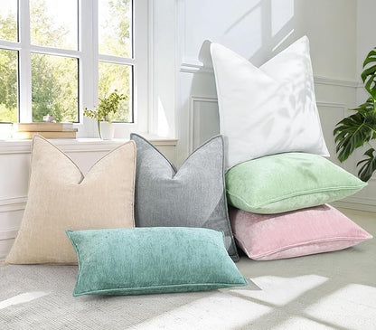 decorUhome Spring Couch Euro Sham Throw Pillow Covers 24x24 Set of 2, Decorative Soft Velvet Neutral Chenille Pillow Covers with Elegant Design for Sofa Bed Living Room Home Decor, Aqua Haze