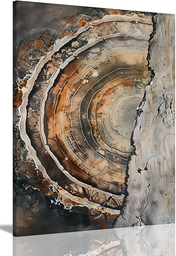IBHJSART Framed Tree Ring Canvas Wall Art Vintage Colorful Wood Stump Painting Prints Modern Minimalist Pictures Neutral Nature Rustic Farmhouse Decor Living Room Bedroom Bathroom Office