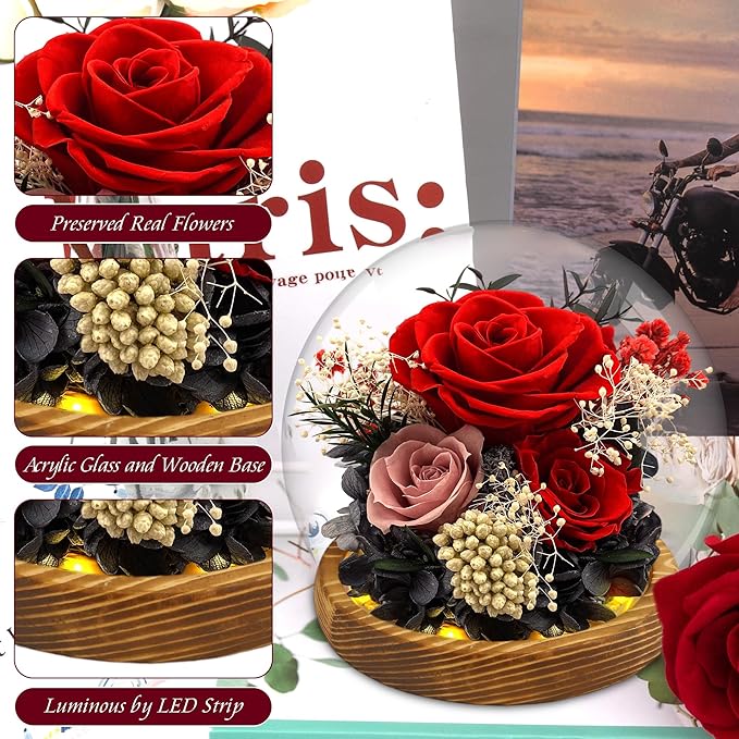 MOKOQI Red Rose Valentines Day Gifts for Her Forever Rose Flowers for Delivery Prime Preserved Flowers in Glass Dome | Birthday Gifts for Women Mom Wife Grandma on Christmas Birthday
