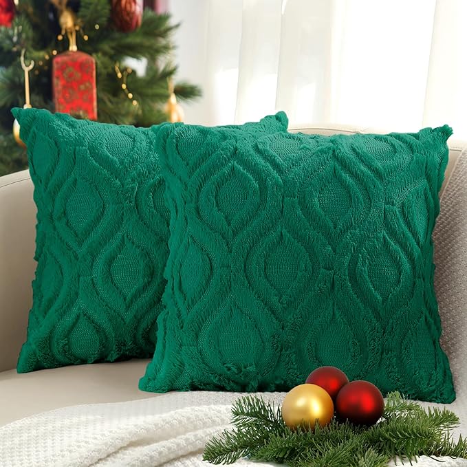decorUhome Euro Sham Throw Pillow Covers 24x24 Inch Set of 2, Soft Plush Faux Wool Green Solid Couch Pillow Covers, Accent Farmhouse Neutral Square Pillow Cases for Sofa Bed Living Room