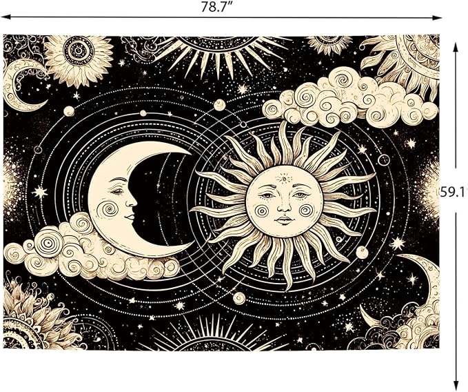 Delur Sun and Moon Tapestry Black Dark Boho Spiritual Burning Sun Tapestry Wall Hanging Mystic Aesthetic Cloud Abstract Star Psychedelic Headboard for Bedroom Living Room Home Decor (59.1" x 78.7")