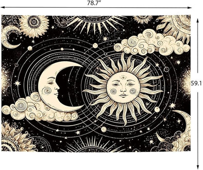 Delur Sun and Moon Tapestry Black Dark Boho Spiritual Burning Sun Tapestry Wall Hanging Mystic Aesthetic Cloud Abstract Star Psychedelic Headboard for Bedroom Living Room Home Decor (59.1" x 78.7")