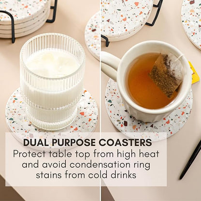 Absorbent Coaster Set of 6 with Holder, Drink Coasters for Coffee Table, Kitchen, Home Decor, Cute Ceramic Round Coasters, Alternative to Silicone, Cork or Glass Coaster (Marble with Black Holder)