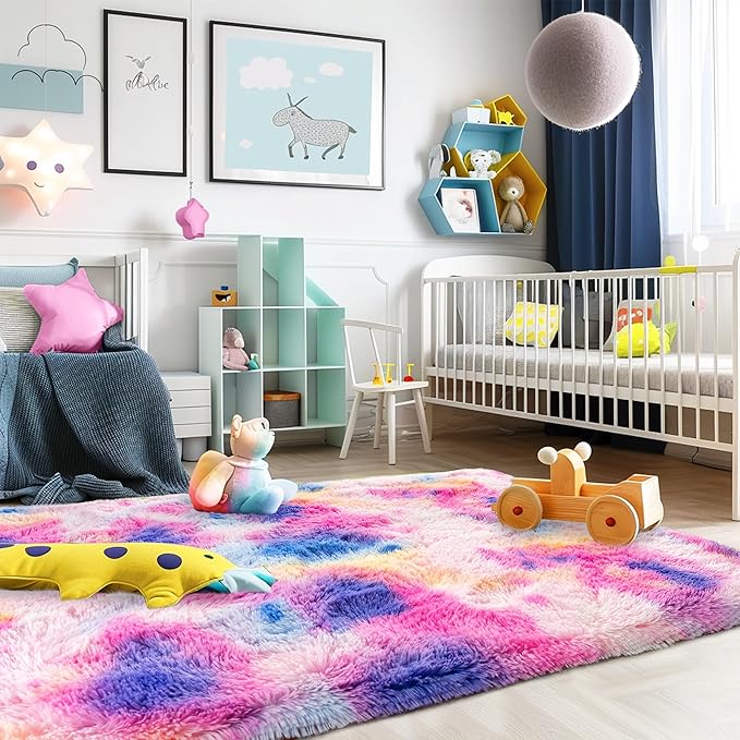 Super Fluffy Rug for Bedroom, 4x6 Shag Fuzzy Area Rug for Living Room Bedroom, Plush Soft Carpet for Girls Boys Kids, Non Slip Throw Rugs for Dorm, Modern Home Decor Aesthetic, Dark Rainbow