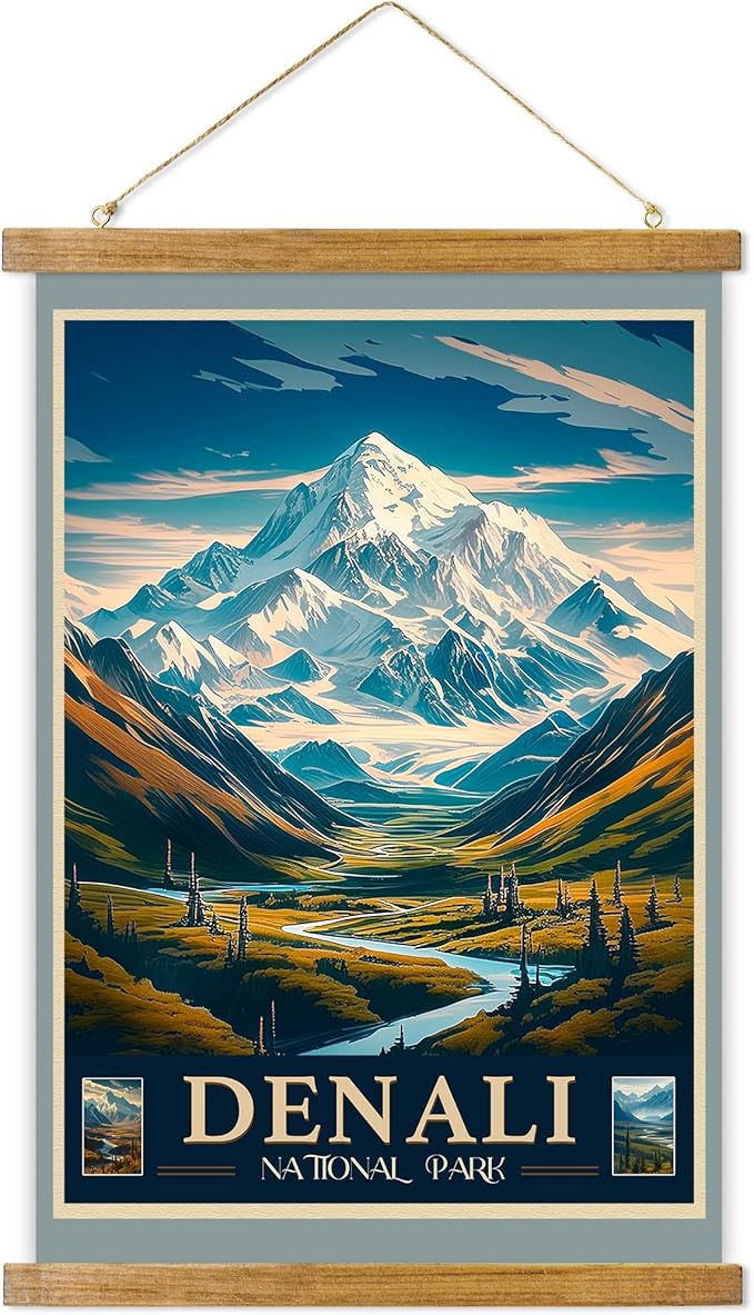 ABoby Vintage Denali National Park Posters - Travel Posters Wall Art - Retro Style Wall Decor with Wood Frames - Ready to Hang