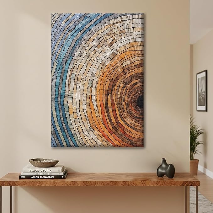 IBHJSART Framed Tree Ring Canvas Wall Art Vintage Colorful Wood Stump Painting Prints Modern Minimalist Pictures Neutral Nature Rustic Farmhouse Decor Living Room Bedroom Bathroom Office