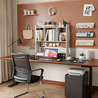 Desktop Bookshelf,Countertop Storage Hutch with 3 Shelves for Computer Desk，2-Tier Display Rack with Grid Panel, Multipurpose Wood Desk Hutch Storage Organizer for Home Office Dorm (White)