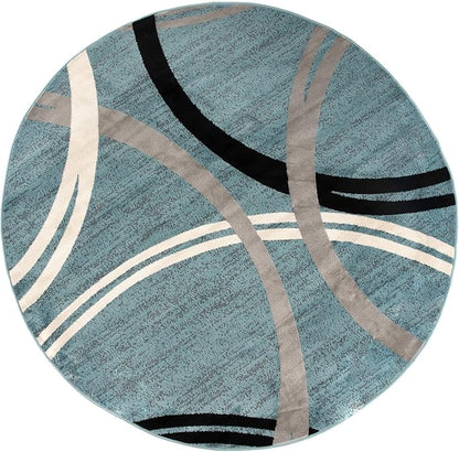 Rugshop Modern Wavy Circles Design Round Rug, Carpet with Jute Backing for Living Room, Bedroom, or Playroom, Blue, 6'6" Round