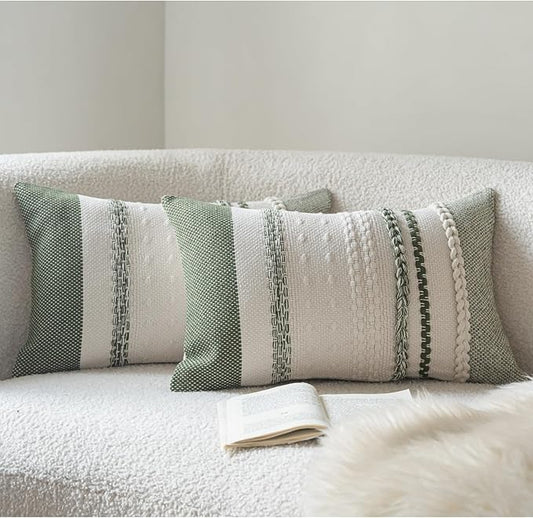 Boho Throw Pillow Covers 12x20 Inch Set of 2, Green Textured Decorative Couch Pillow Cases for Farmhouse Home Decor, Accent Cushion Cover for Sofa, Bed, Living Room, Bedroom