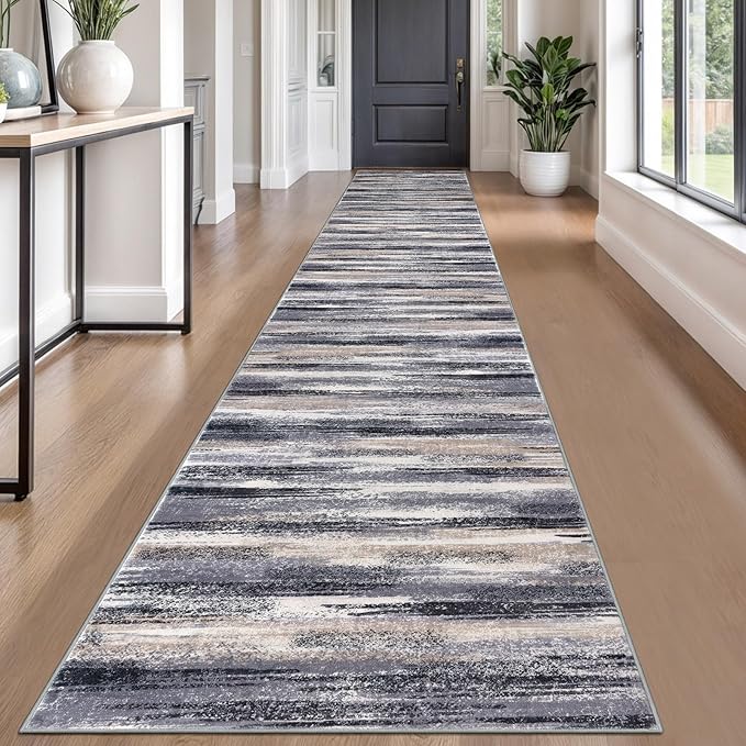 Modern Abstract Runner Rug 2.6x18, Grey Black Multi Washable Long Kitchen Runner Non-Slip Soft Hallway Rug Runner Thin Print Faux Wool Carpet for Entryway Bedroom Laundry Room Indoor Home Decor