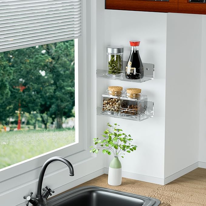 7'' Clear Acrylic Wall Shelf 2 Pack, Acrylic Floating Shelves, Acrylic Small Shelf for Books, Home Décor, Digital Clock, Speaker, Wine Bottle