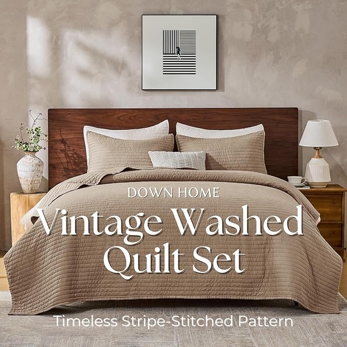 DOWN HOME Cali King Quilt Bedding Set with Shams, Vintage Washed Quilted Blanket Thin Comforter Lightweight Bedspread Coverlet Bed Cover, Brushed Microfiber Stripe Stitching, Brown, 111"x92"