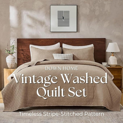 DOWN HOME Cali King Quilt Bedding Set with Shams, Vintage Washed Quilted Blanket Thin Comforter Lightweight Bedspread Coverlet Bed Cover, Brushed Microfiber Stripe Stitching, Brown, 111"x92"